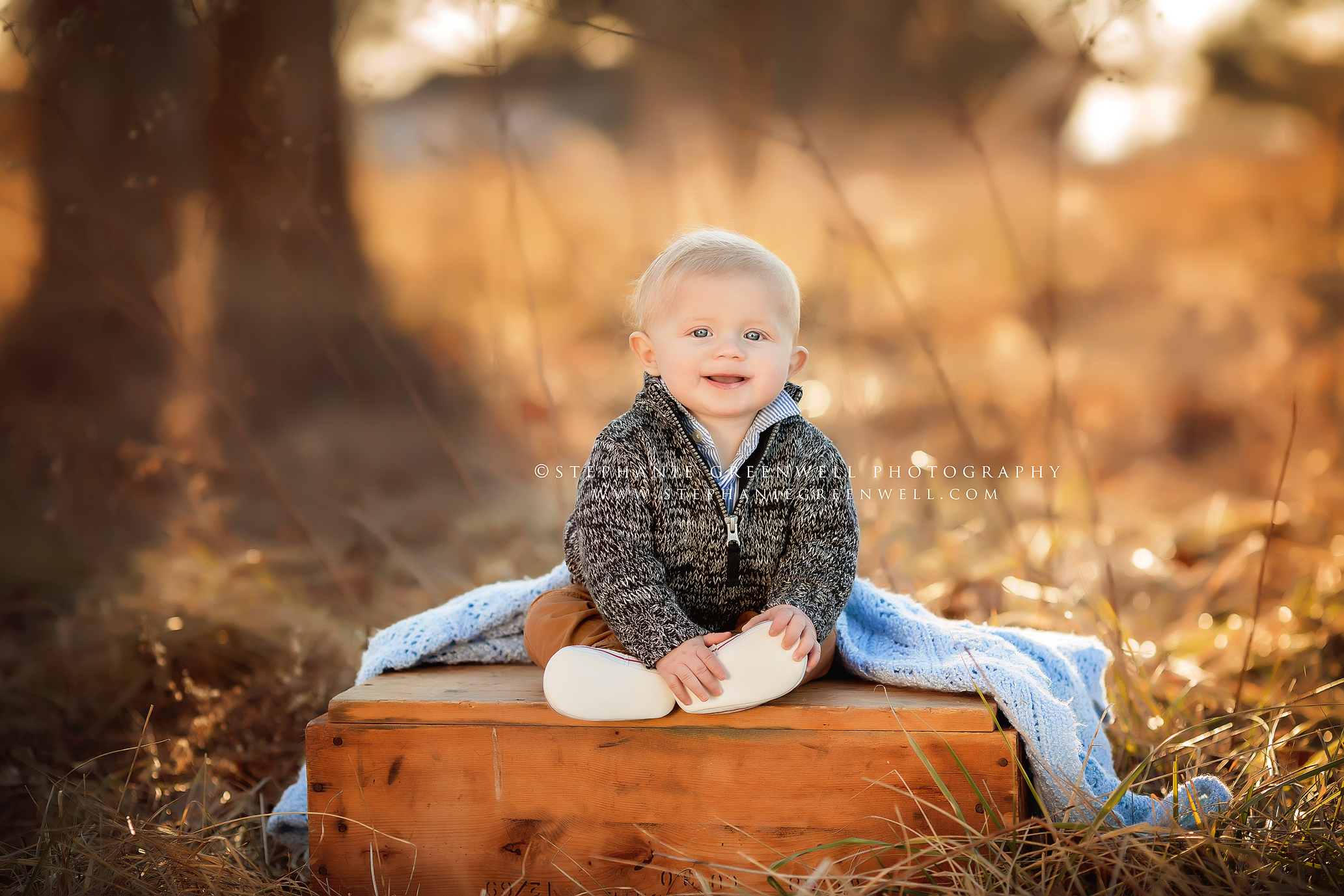 baby outdoors woods wooden box southeast missouri photographer stephanie greenwell