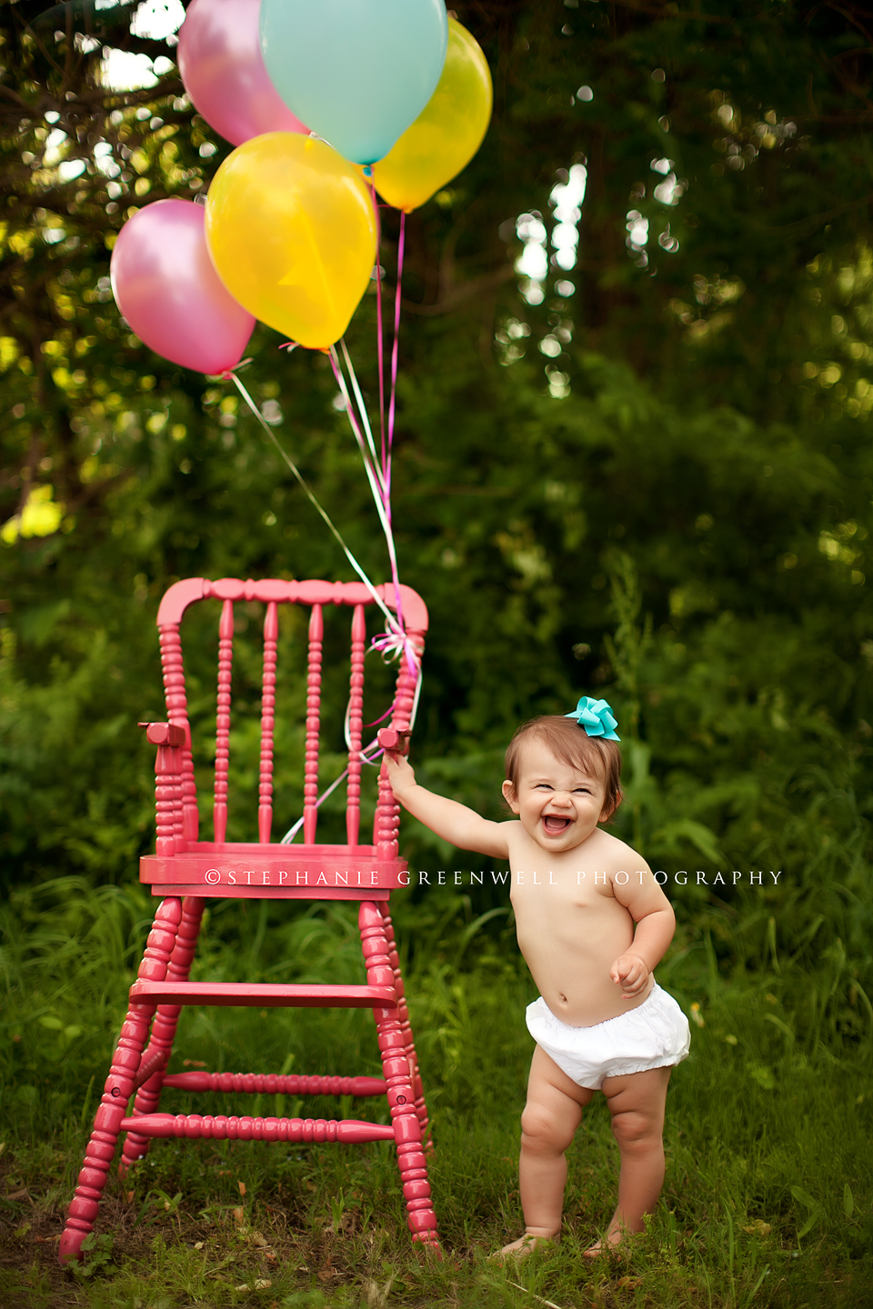 stella vanausdall baby first birthday pink high chair balloons southeast missouri photography stephanie greenwell