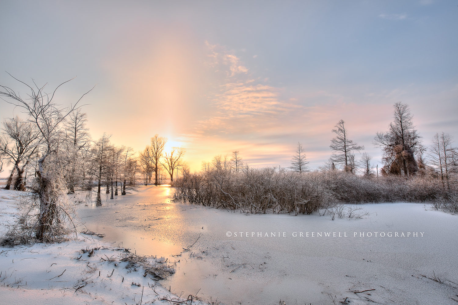 frozen pond southeast missouri hayti ice trees sunset winter shamrock southeast missouri photographer